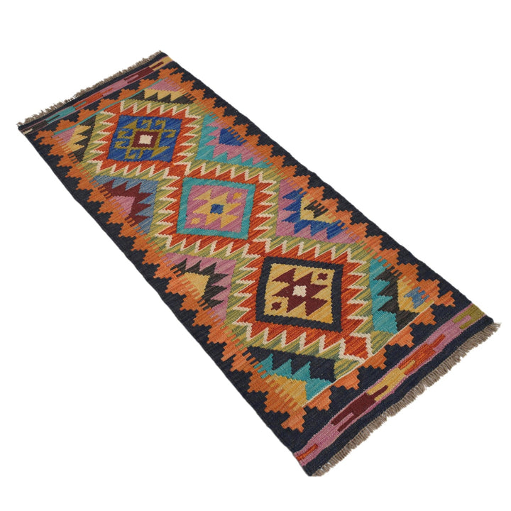 Colorful Flat-Weave Wool Kilim Runner 1' 10" x 4' 7" - No. AL67713