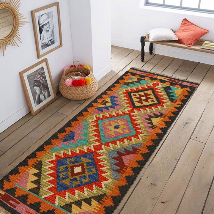 Colorful Flat-Weave Wool Kilim Runner 1' 10" x 4' 7" - No. AL67713