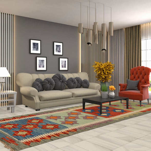 Colorful Flat-Weave Wool Kilim Runner 1' 8" x 4' 9" - No. AL39114