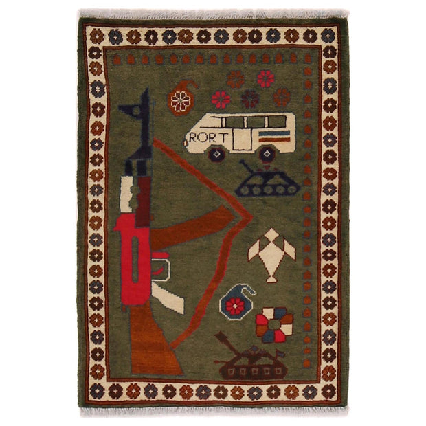 Green Color War Rug 2' 0" x 2' 11" - No. AL93958