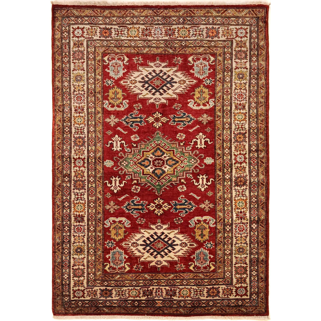 Red Afghan Kazak Rug 4' 1" x 5' 7" Hand-Knotted