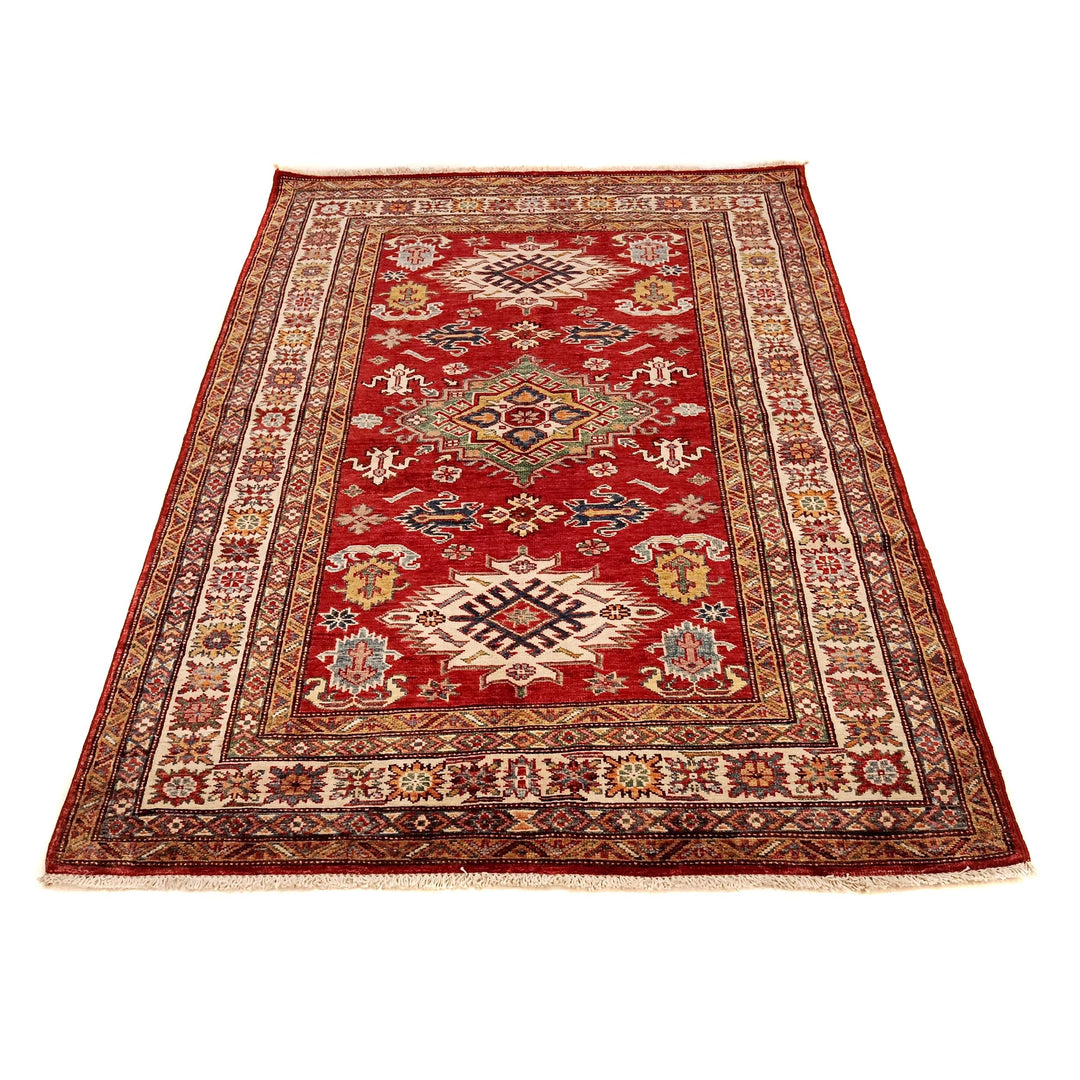 Red Afghan Kazak Rug 4' 1" x 5' 7" Hand-Knotted detail