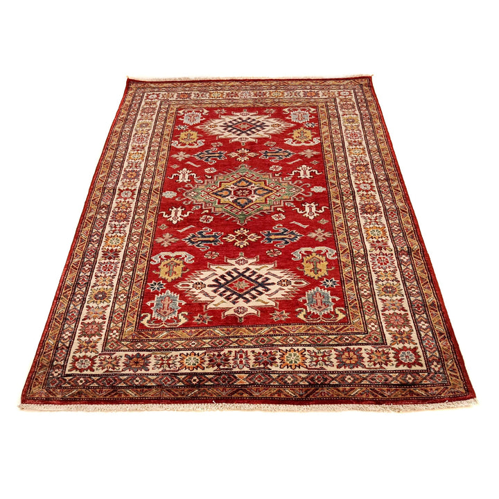 Red Afghan Kazak Rug 4' 1" x 5' 7" Hand-Knotted detail