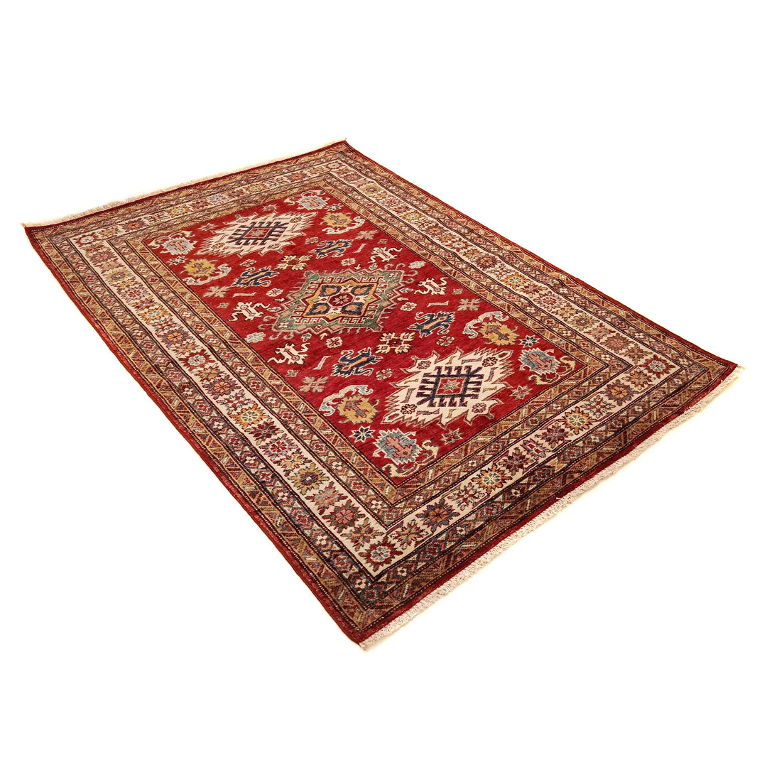 Red Afghan Kazak Rug 4' 1" x 5' 7" Hand-Knotted view