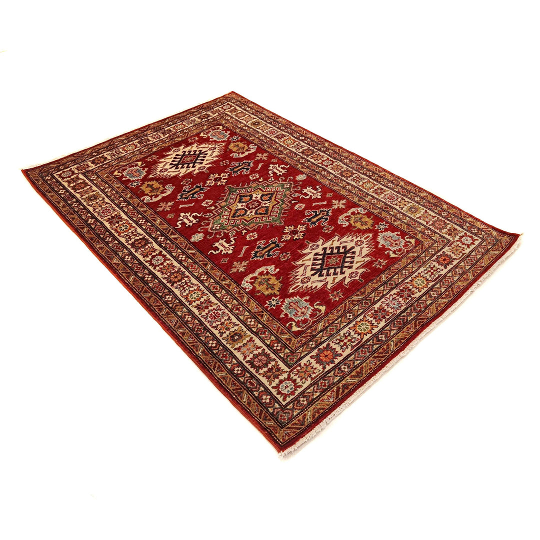 Red Afghan Kazak Rug 4' 1" x 5' 7" Hand-Knotted close-up