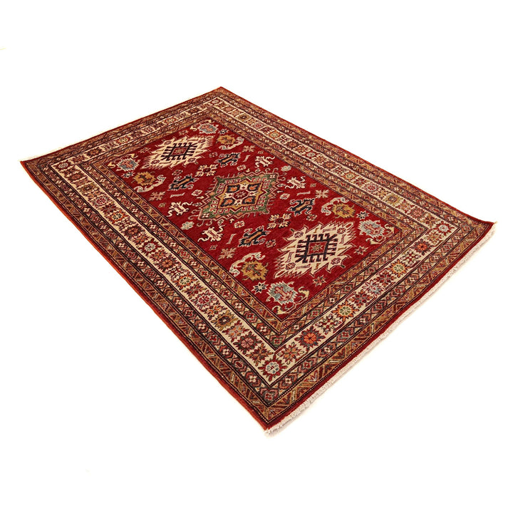 Red Afghan Kazak Rug 4' 1" x 5' 7" Hand-Knotted close-up