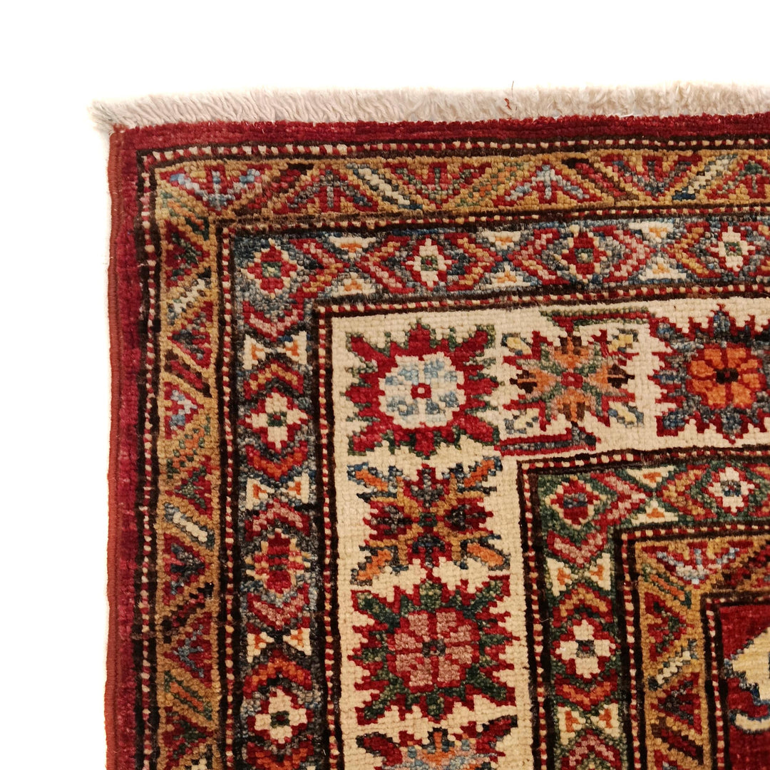 Red Afghan Kazak Rug 4' 1" x 5' 7" Hand-Knotted pattern