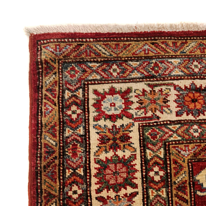 Red Afghan Kazak Rug 4' 1" x 5' 7" Hand-Knotted pattern