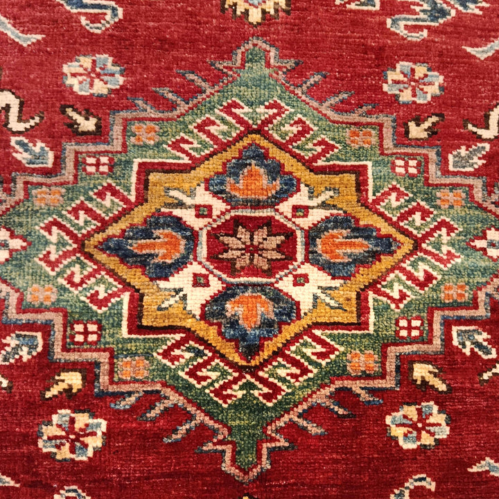 Red Afghan Kazak Rug 4' 1" x 5' 7" Hand-Knotted border