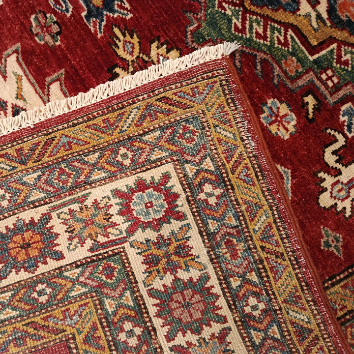 Red Afghan Kazak Rug 4' 1" x 5' 7" Hand-Knotted field