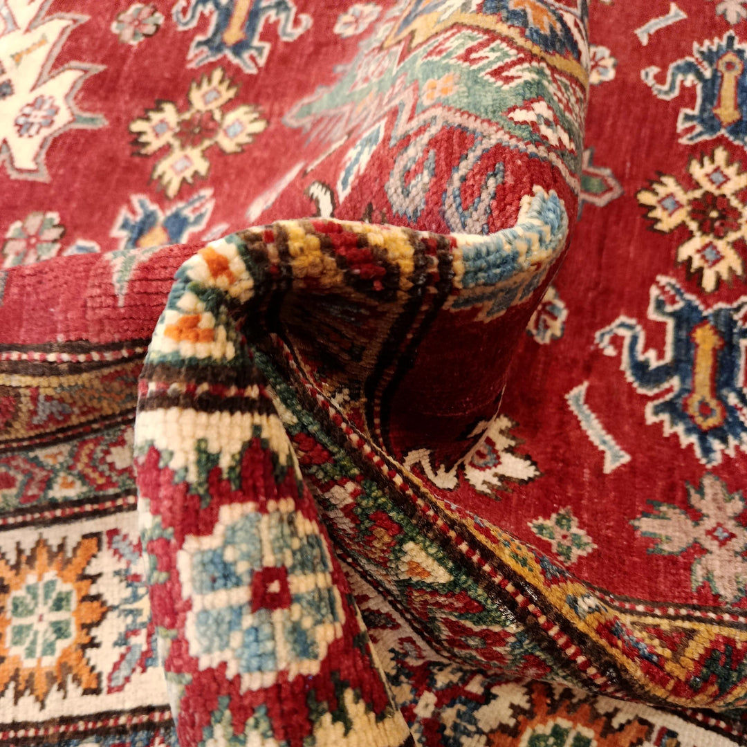 Red Afghan Kazak Rug 4' 1" x 5' 7" Hand-Knotted reverse