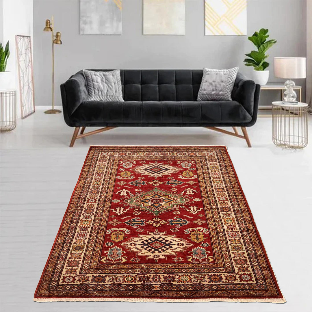 Red Afghan Kazak Rug 4' 1" x 5' 7" Hand-Knotted view 9