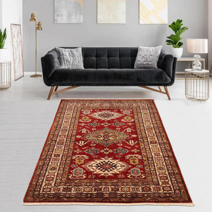 Red Afghan Kazak Rug 4' 1" x 5' 7" Hand-Knotted view 9