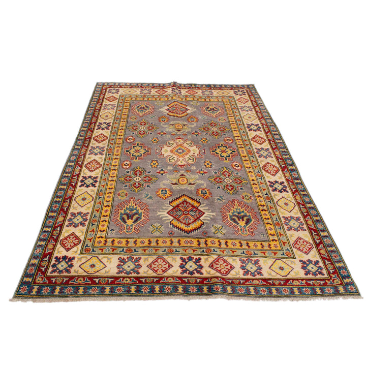Gray Afghan Kazak Rug 4' 11" x 7' 0" Hand-Knotted detail
