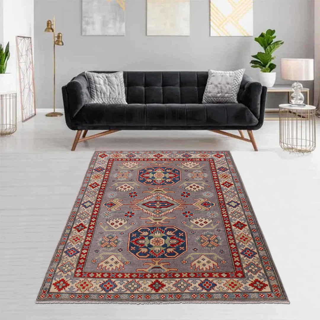 Gray Afghan Kazak Rug 4'11" x 7'1" Hand-Knotted | No. AL79303