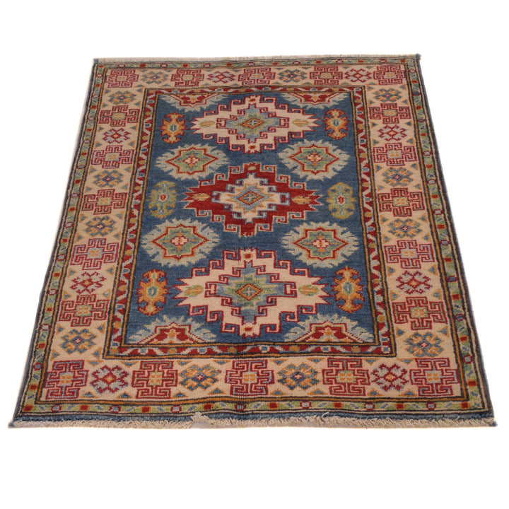 Blue Afghan Kazak Rug 2' 9" x 3' 8" Hand-Knotted | No. AL33054