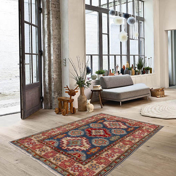 Blue Afghan Kazak Rug 2' 9" x 3' 8" Hand-Knotted | No. AL33054