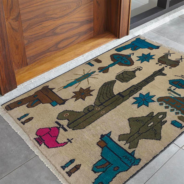 Beige Afghan War Rug 2' 0" x 2' 6" Hand-Knotted | No. AL92155