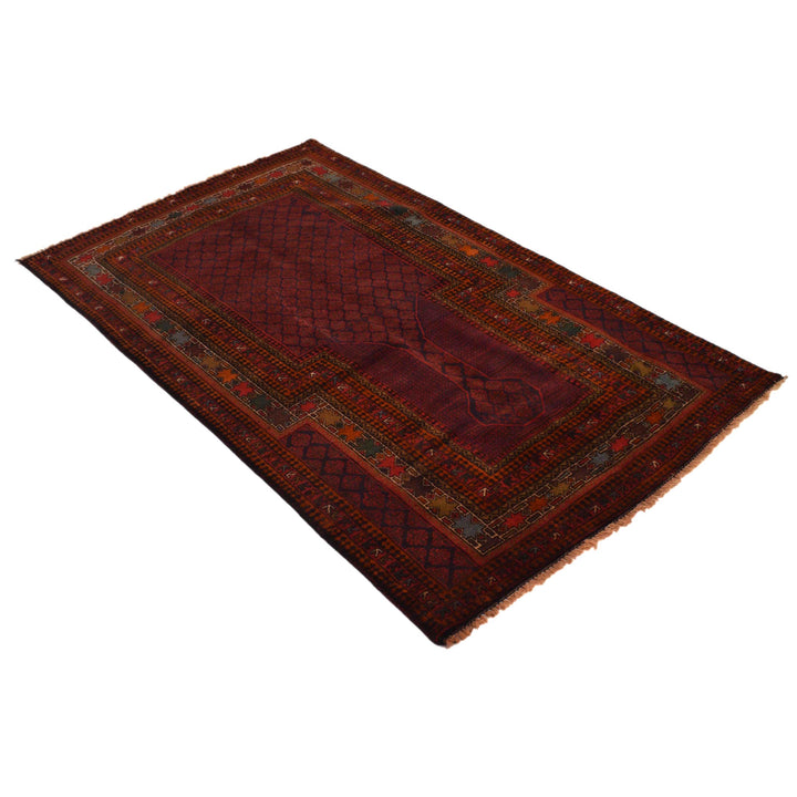 Red Afghan Prayer Rug 3' 3" x 5' 8" Hand-Knotted close-up