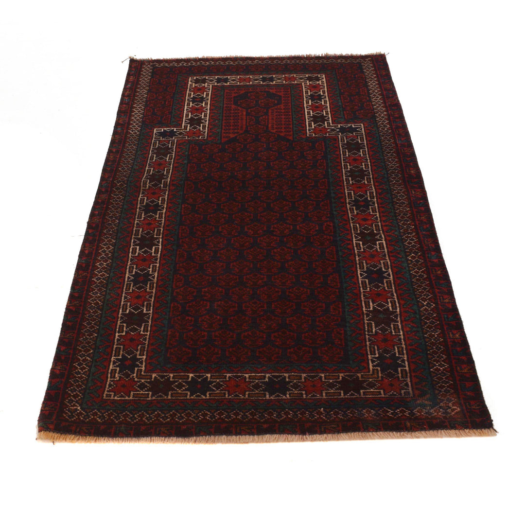 Red Afghan Prayer Rug 3' 0" x 5' 5" Hand-Knotted detail