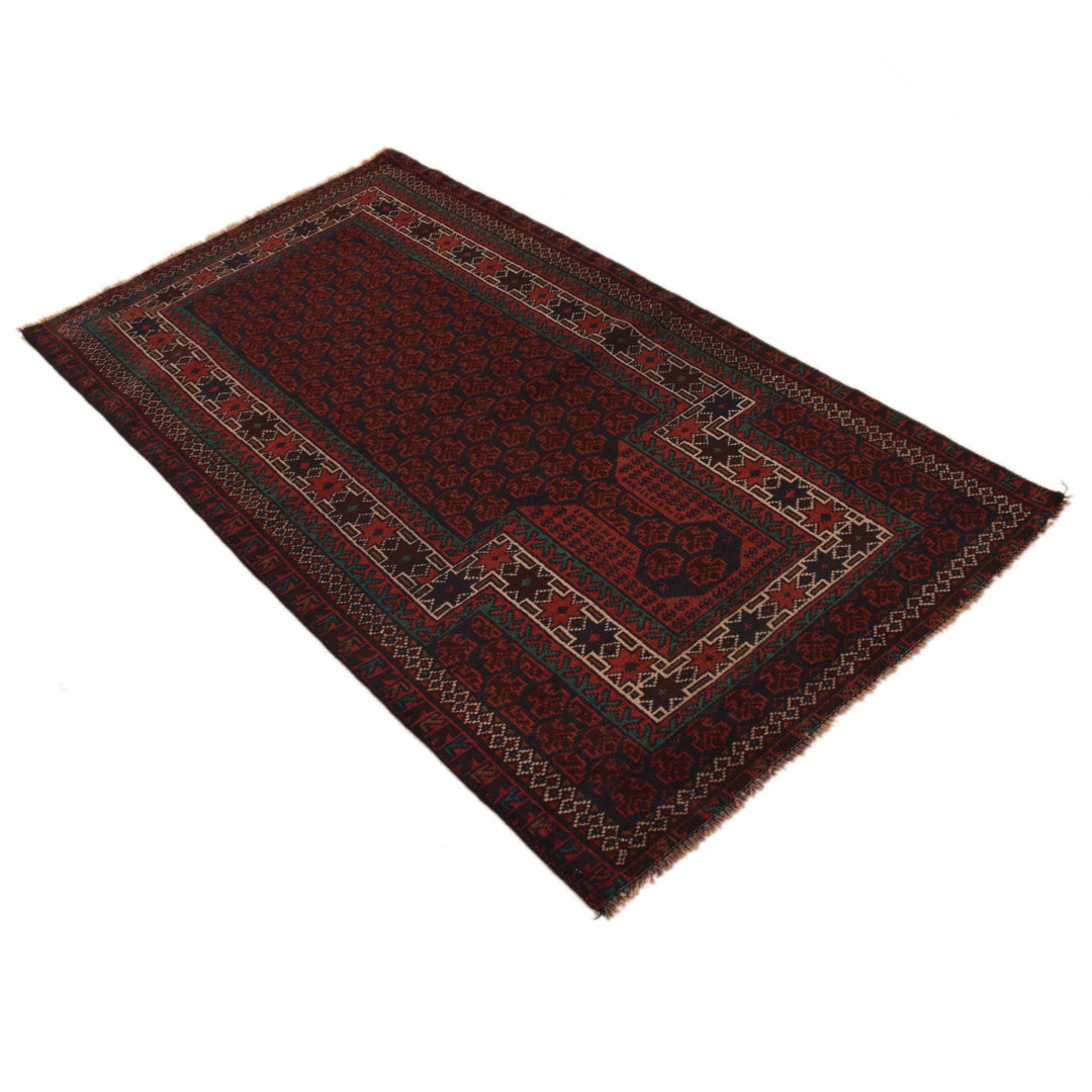 Red Afghan Prayer Rug 3' 0" x 5' 5" Hand-Knotted close-up