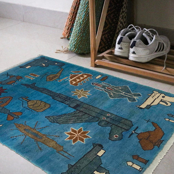 Blue Afghan War Rug 2' 0" x 2' 8" Hand-Knotted | No. AL12666