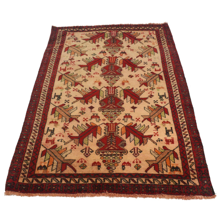 Beige Afghan Baluchi Rug 3' 1" x 5' 7" Hand-Knotted | No. AL74750