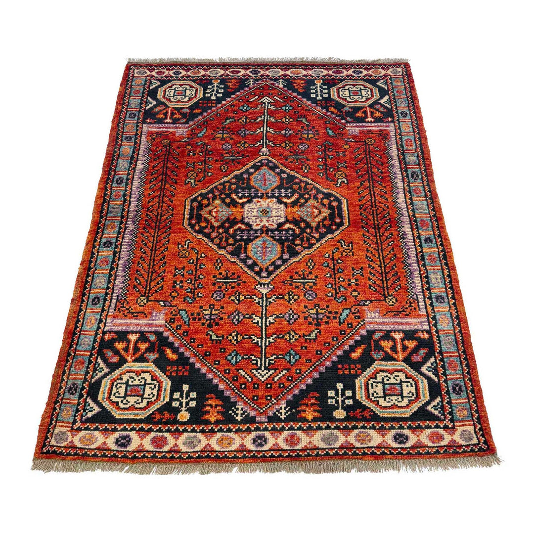 Red Afghan Shiraz Rug 3' 4" x 4' 11" Hand-Knotted detail
