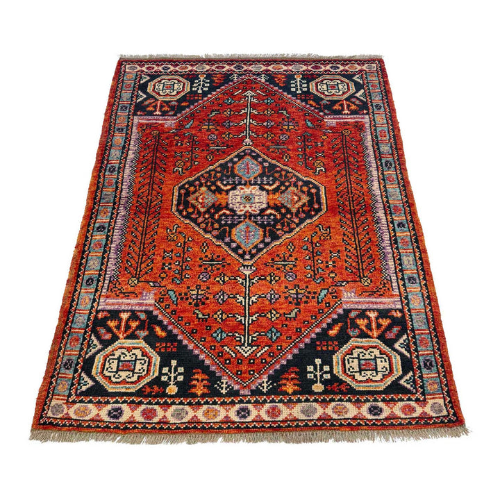 Red Afghan Shiraz Rug 3' 4" x 4' 11" Hand-Knotted detail