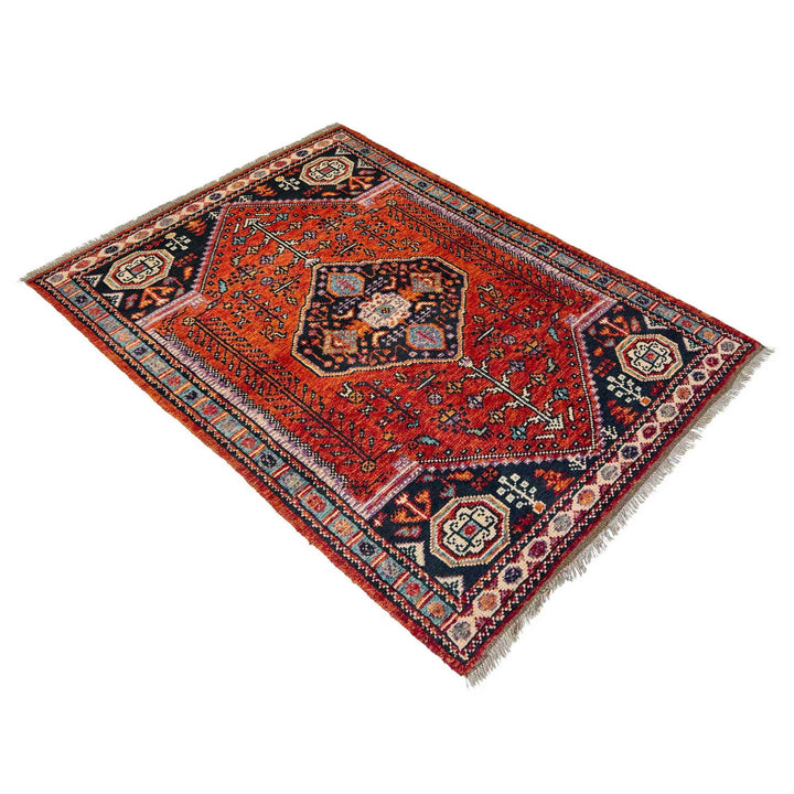 Red Afghan Shiraz Rug 3' 4" x 4' 11" Hand-Knotted close-up