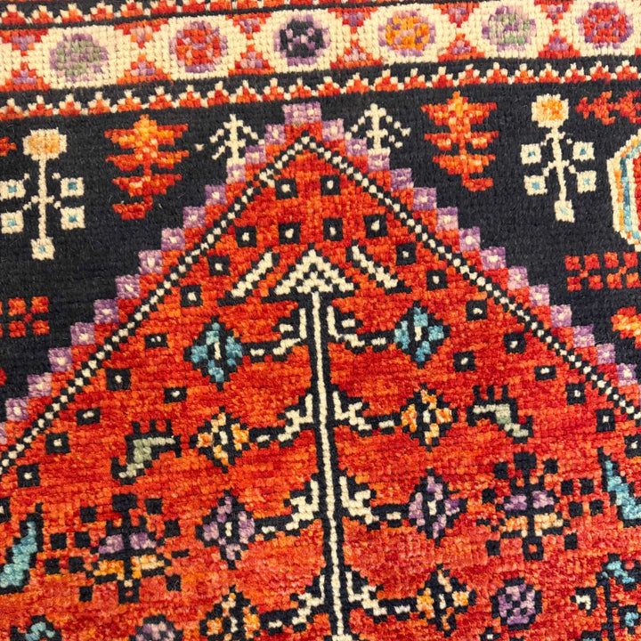 Red Afghan Shiraz Rug 3' 4" x 4' 11" Hand-Knotted border