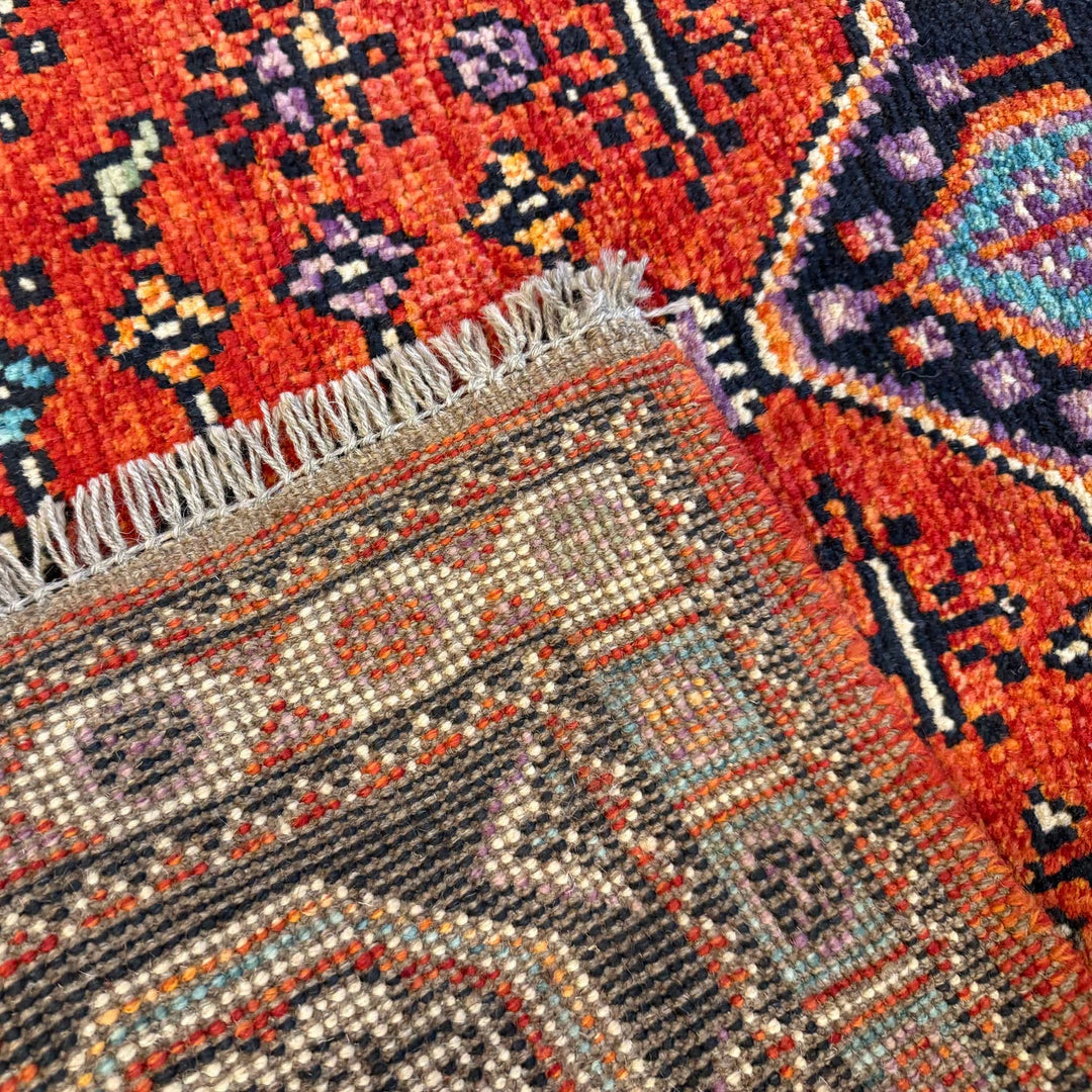 Red Afghan Shiraz Rug 3' 4" x 4' 11" Hand-Knotted field