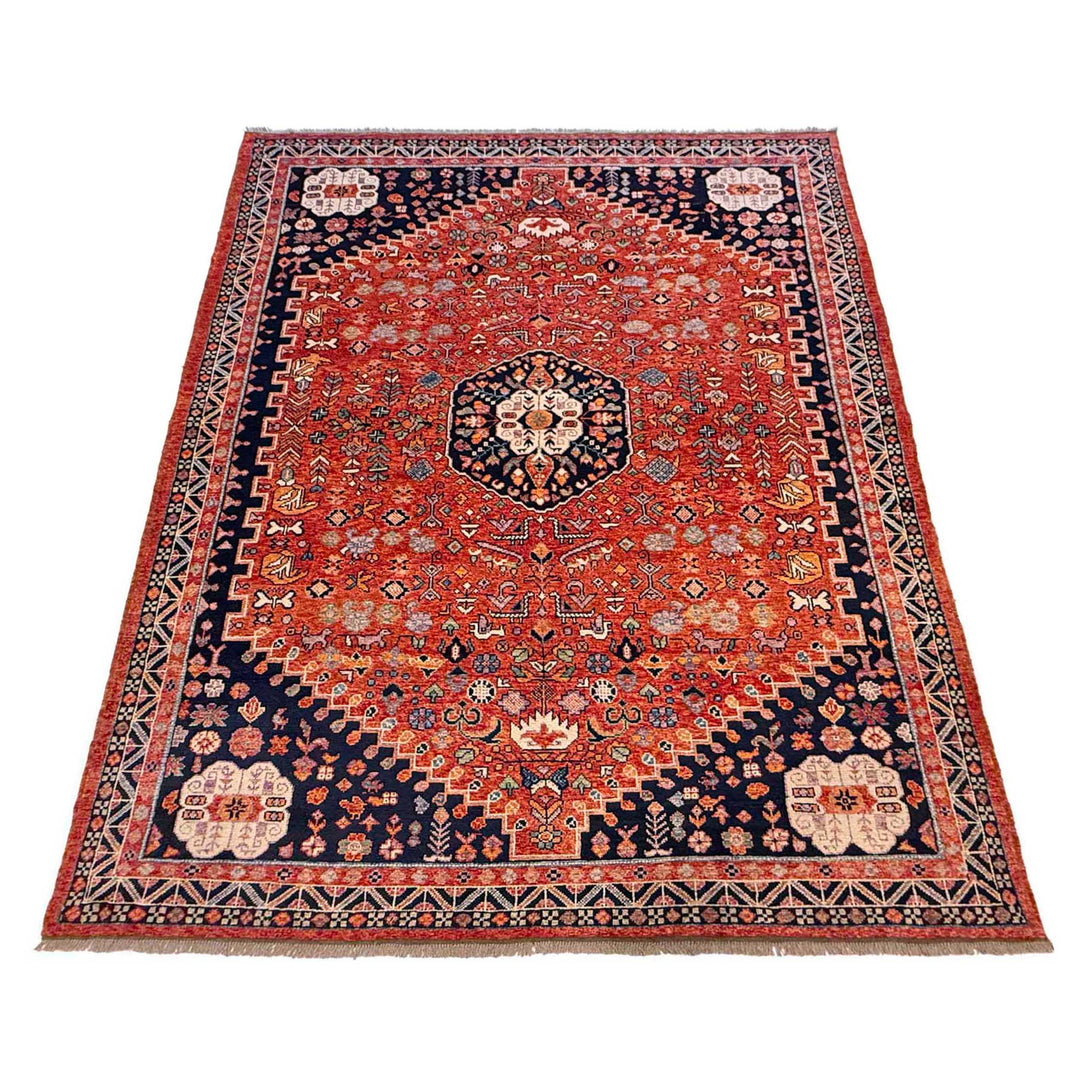 Red Afghan Shirazi Rug 8'2" x 11'1" Hand-Knotted detail