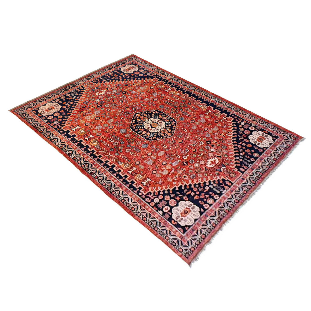 Red Afghan Shirazi Rug 8'2" x 11'1" Hand-Knotted close-up