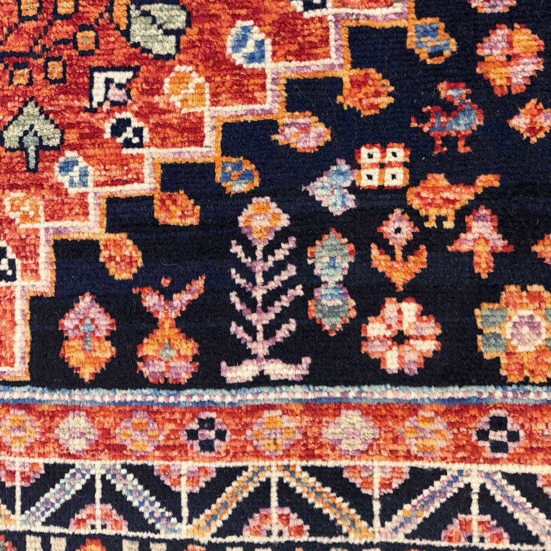 Red Afghan Shirazi Rug 8'2" x 11'1" Hand-Knotted border