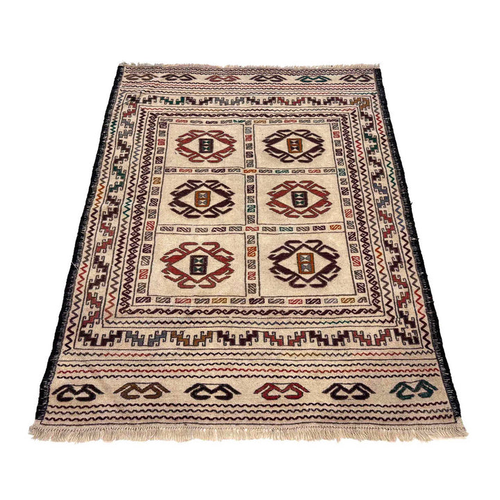 White Afghan Soumak Rug 4' 1" x 5' 9" Flat-Weave detail