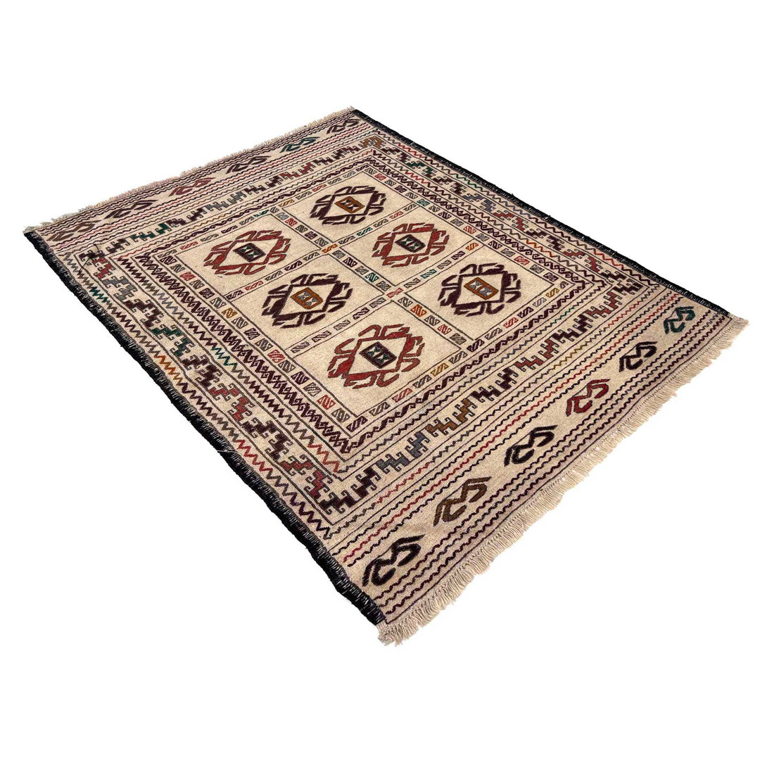 White Afghan Soumak Rug 4' 1" x 5' 9" Flat-Weave view