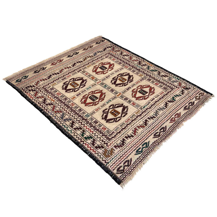 White Afghan Soumak Rug 4' 1" x 5' 9" Flat-Weave close-up