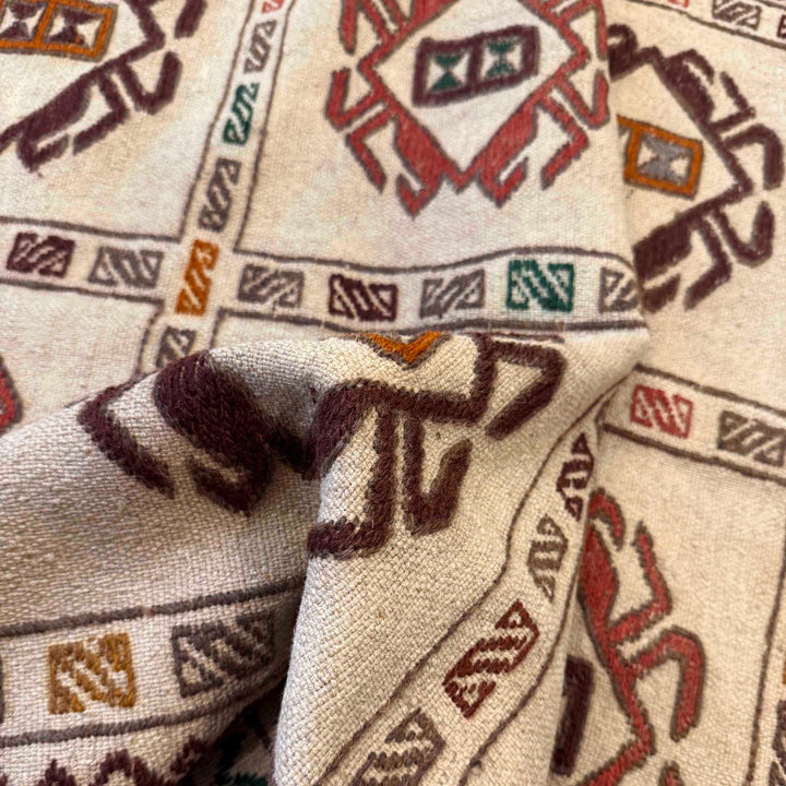 White Afghan Soumak Rug 4' 1" x 5' 9" Flat-Weave reverse