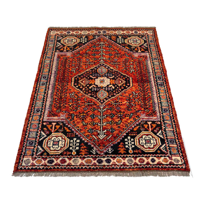 Red Afghan Oriental Rug 3' 4" x 4' 10" Hand-Knotted detail