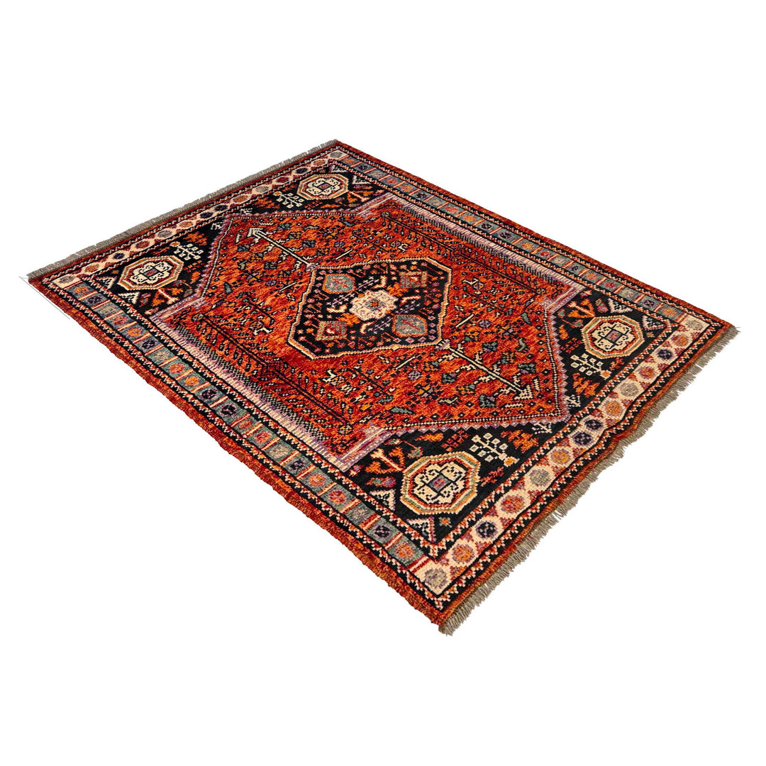 Red Afghan Oriental Rug 3' 4" x 4' 10" Hand-Knotted close-up