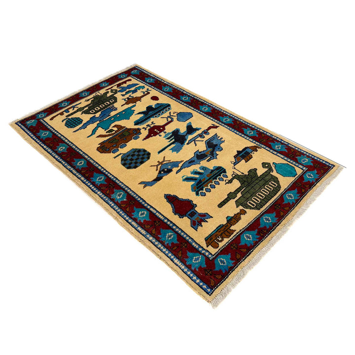 Beige Afghan War Rug 2' 9" x 4' 4" Hand-Knotted view