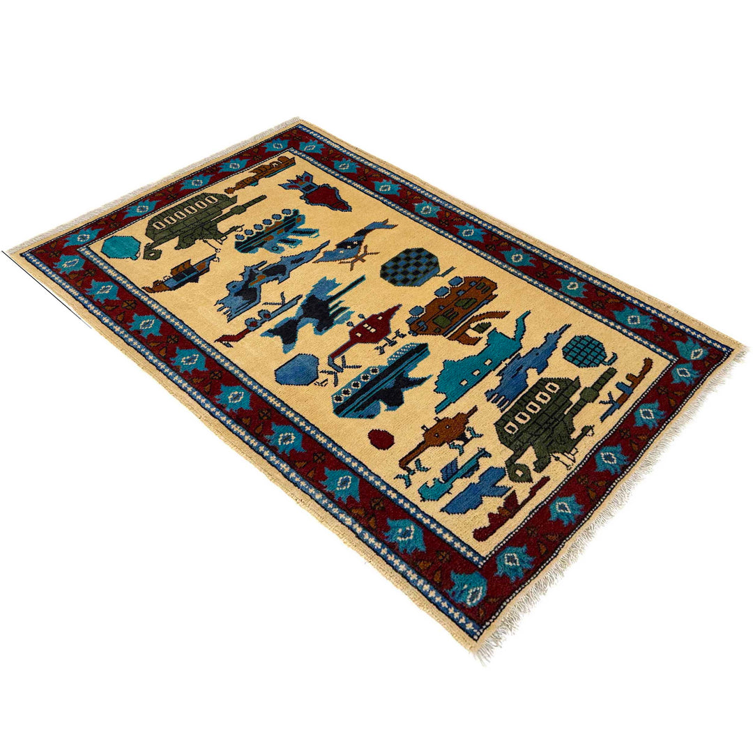 Beige Afghan War Rug 2' 9" x 4' 4" Hand-Knotted close-up