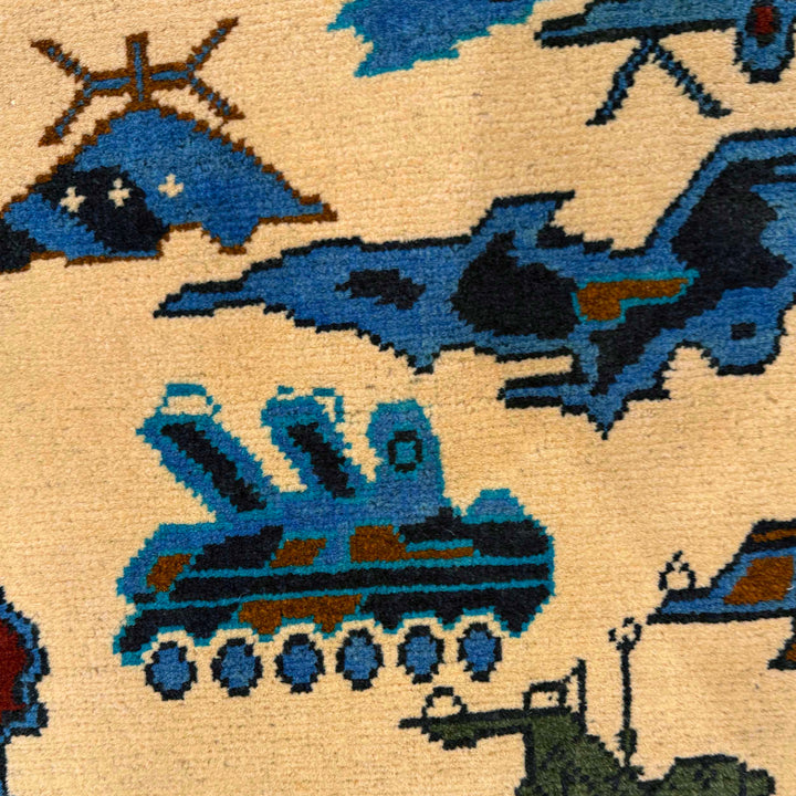 Beige Afghan War Rug 2' 9" x 4' 4" Hand-Knotted border