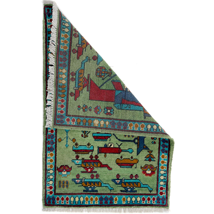 Green Afghan War Rug 2' 0" x 2' 11" Hand-Knotted detail