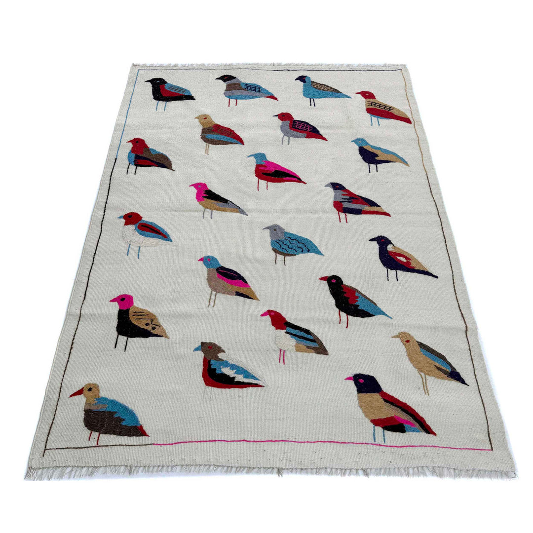 Beige Pakistani Embroidery Kilim Rug 3' 2" x 5' 0" Flat-Weave | No. AL55940