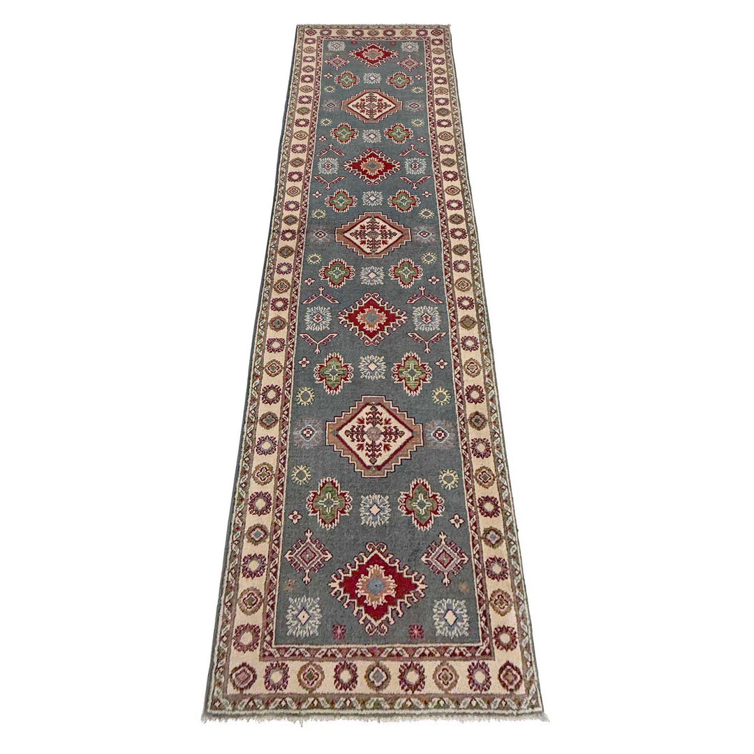 Gray Afghan Kazak Rug 2' 6" x 9' 9" Hand-Knotted detail