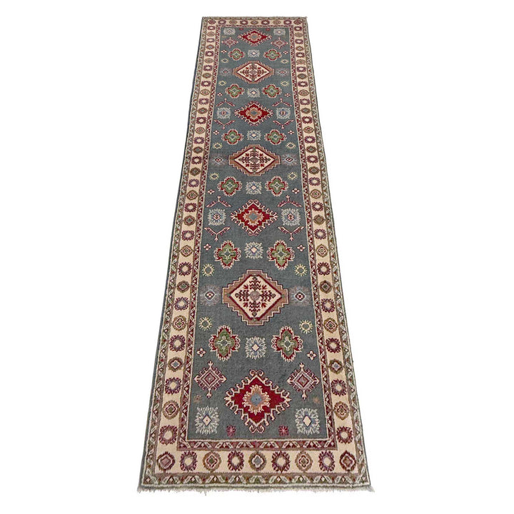 Gray Afghan Kazak Rug 2' 6" x 9' 9" Hand-Knotted detail
