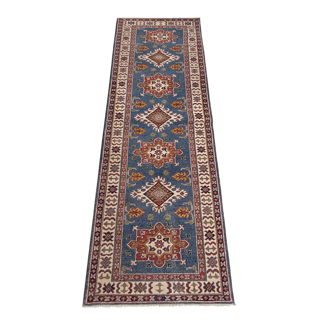 Blue Afghan Kazak Rug 2' 9" x 9' 7" Hand-Knotted detail