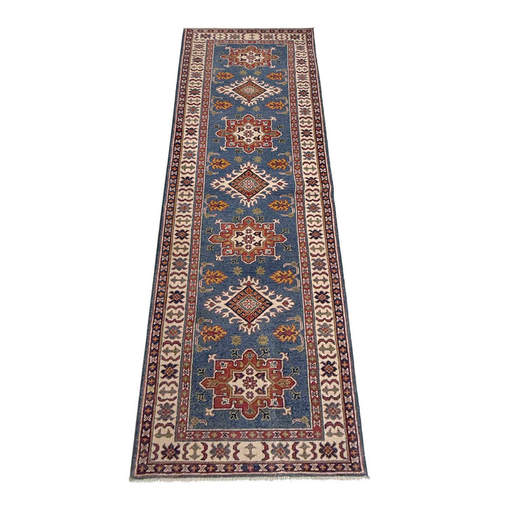 Blue Afghan Kazak Rug 2' 9" x 9' 7" Hand-Knotted detail